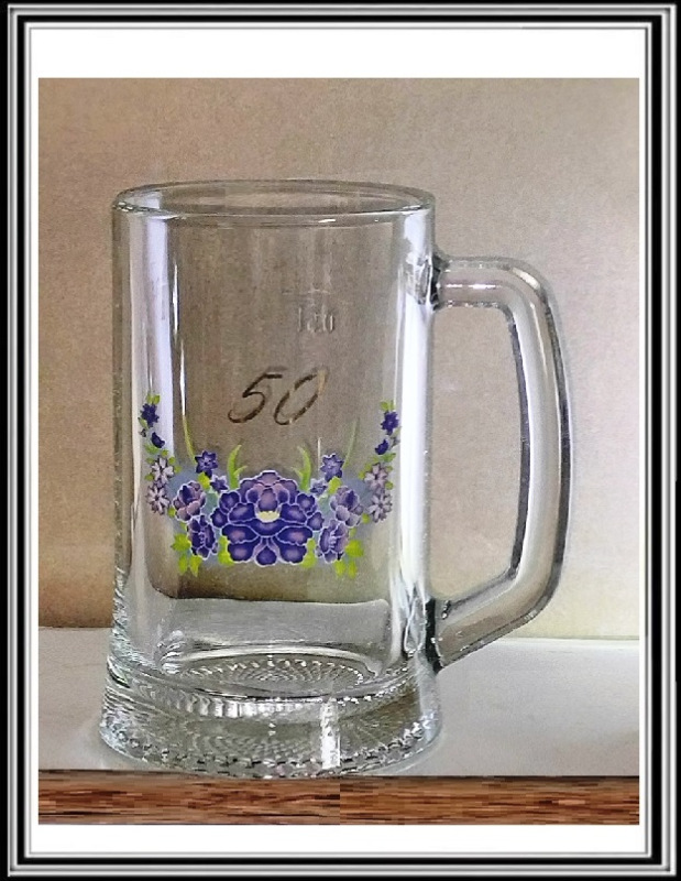 Hrubý pollitrový sklenený krígeľ výročný 50-tka modrá s ceichom