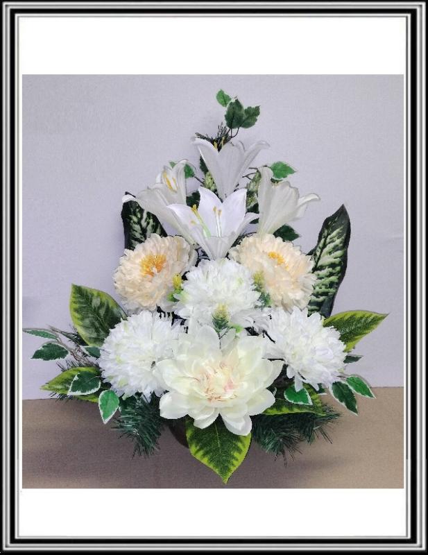 Kvety-VEĽKÉ- v miske 63 cm č 81 - jemno krémovými a bielymi chryzantémami
