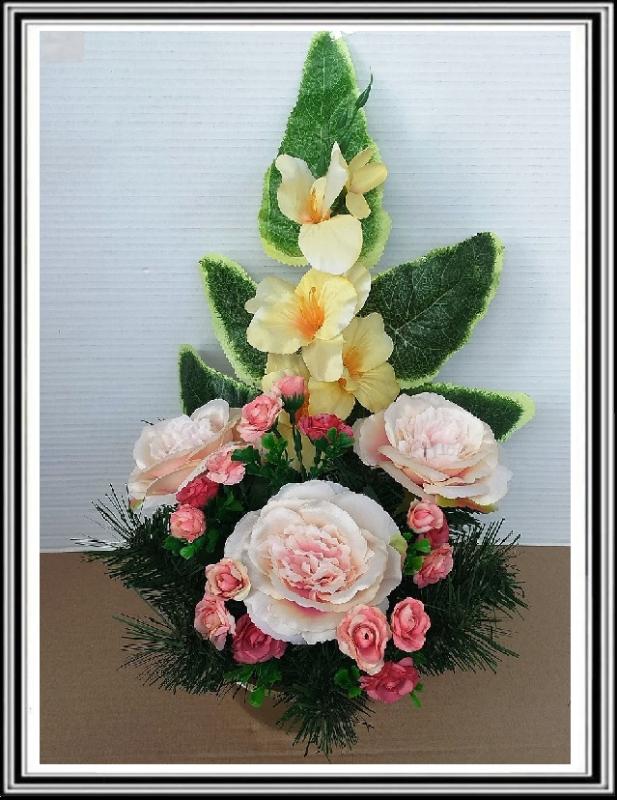 A3 Umelé kvety v miske v-45 cm , č 224 s malými kvietočkami okolo, sv. ružový