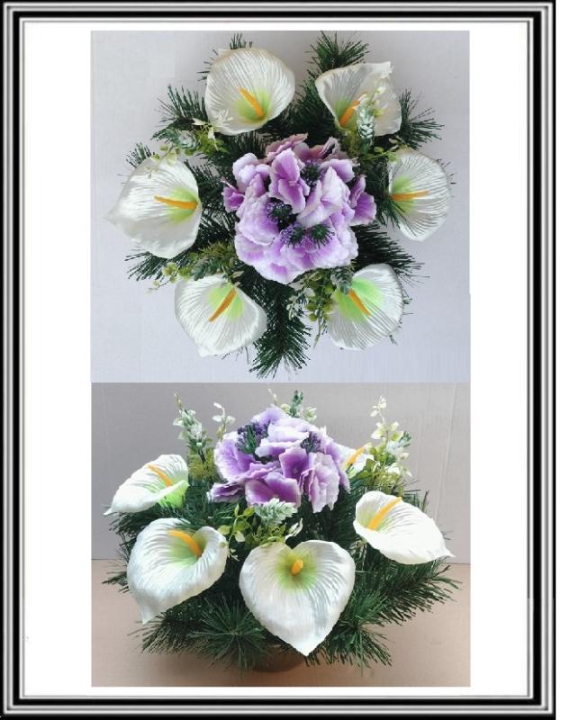 Umelé kvety v miske priemeru 15,5 cm č. 09 - zaťažené - Bielo zelené kaly a bielo fialová