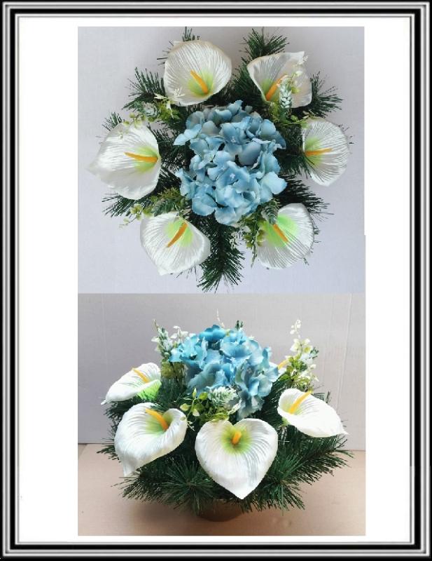 Umelé kvety v miske priemeru 15,5 cm č. 10 Bielo zelené kaly a bielo modrá hortenzia