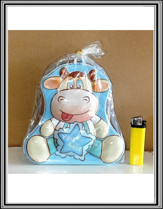 Plechová pokladnička so zámkom kravička v-16 , 16x7 cmmodrá