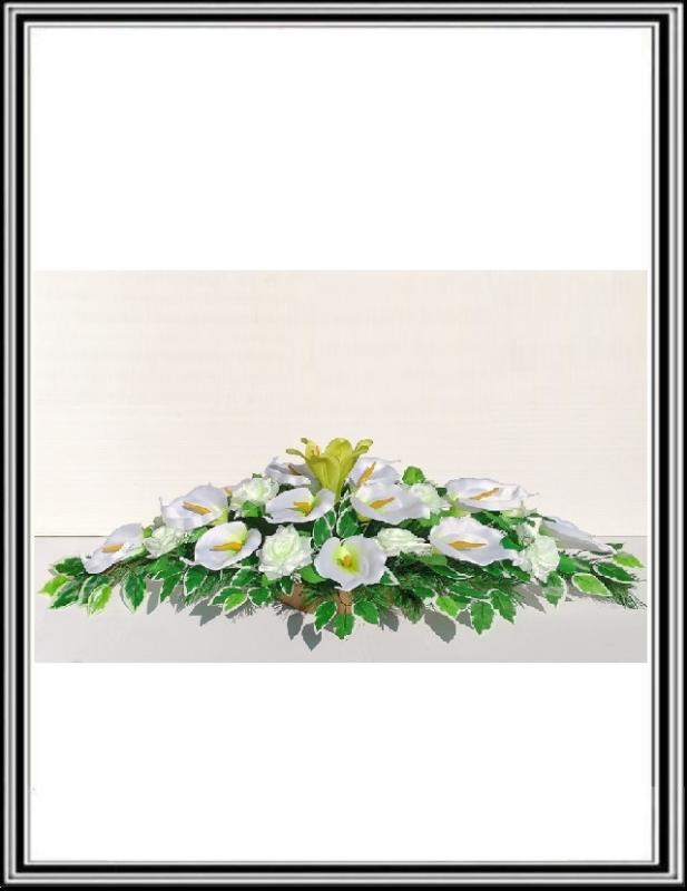 Ikebana č.2 - 201 , dlžka -95 cm-14 bielych kal+10 ostro zelenými ružami + List BENJAMIN