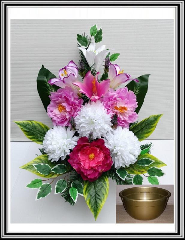 Kvety v miske vysoké 63 cm č 313 - ružovočervenými pivóniami a bielymi chryzantémami