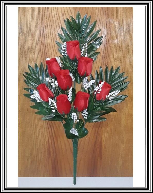 Umelá kytička s 8 hlavičkami s papradím 49 cm červená