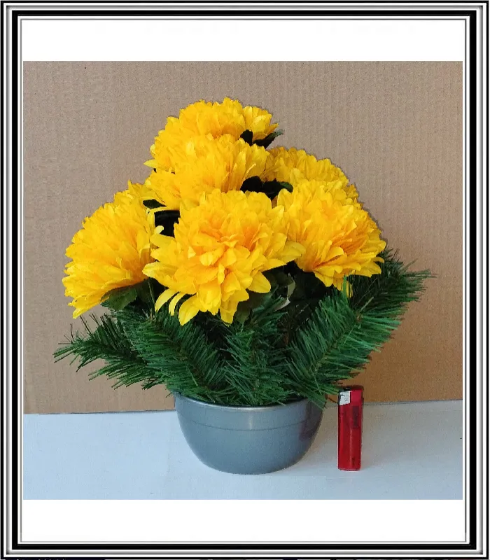 Umelé kvety v miske CHRYZANTÉMA - 8-9 strednými  hlavami  - žltá