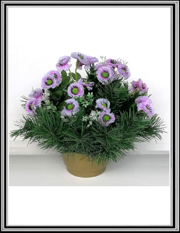 Umelé kvety v malej miske XYS6202 margaretky biele fialové  DUPEĽ