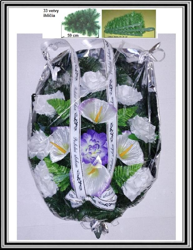 Umelá kytica v celofáne č 38 bielo fialová (33 ihličia , použitý celofán 50 x 70 cm)