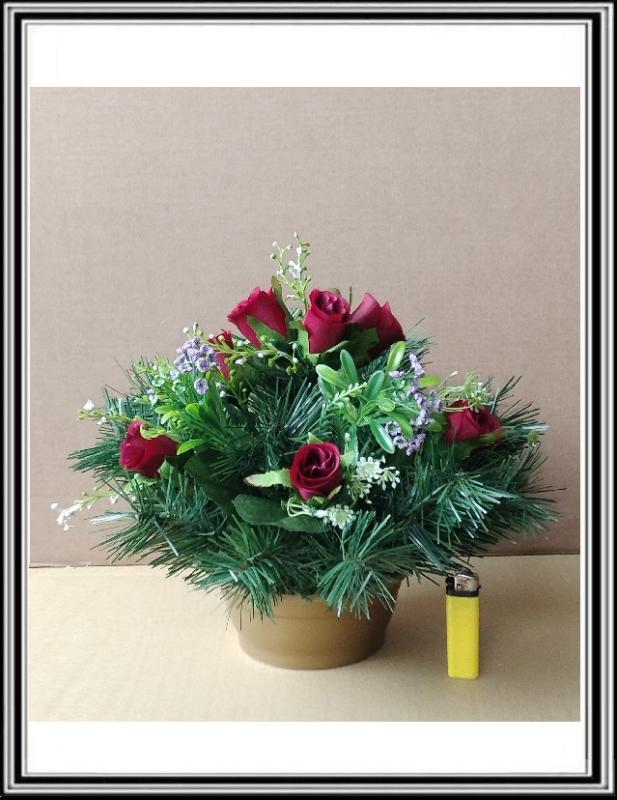 Umelé kvety 7 hlav + doplnky v malej 16 cm miske čFLO 2075 krvavo červené