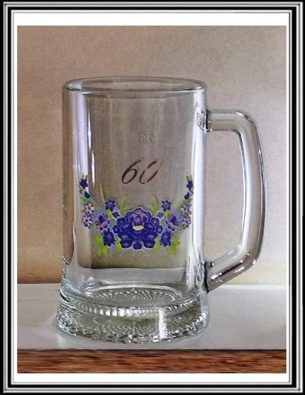 Hrubý pollitrový sklenený krígeľ výročný 60-tka modrá s ceichom