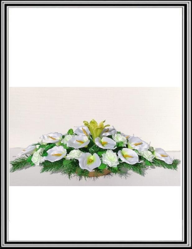 Ikebana č.2 - 202 , dlžka -95 cm-14 bielych kal+10 ostro zelenými ružami