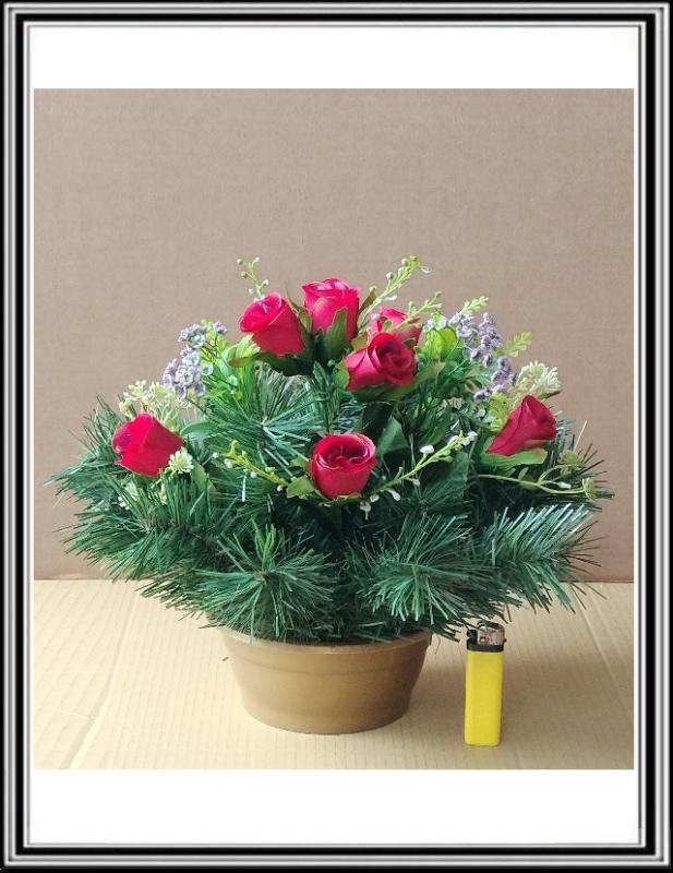 Umelé kvety 7 hlav + doplnky v malej 16 cm miske čFLO 2075 červené