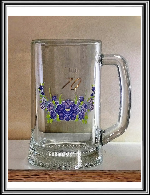 Hrubý pollitrový sklenený krígeľ výročný 70-tka modrá s ceichom