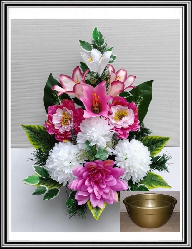 Kvety v miske vysoké 63 cm č 316 - ružovočervenými pivóniami a bielymi chryzantémami