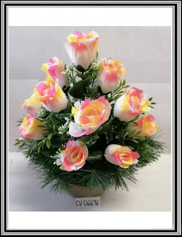 Umelé kvety vo veľkej miske CV 06696 12 hlav a s doplnkami a bielo ružovými  ružami 9495