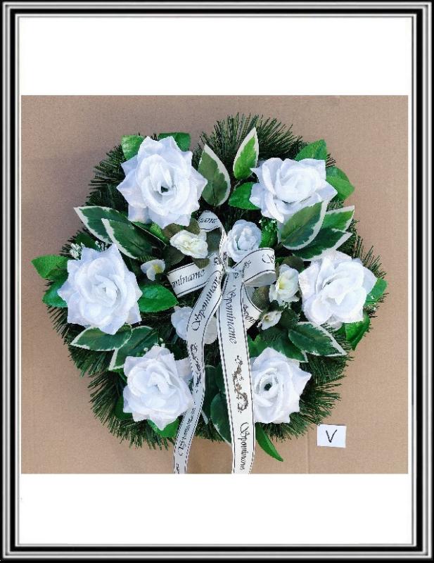 Venček stredný 35 cm  - 6 biele ruže +ružičky  VS -6-10