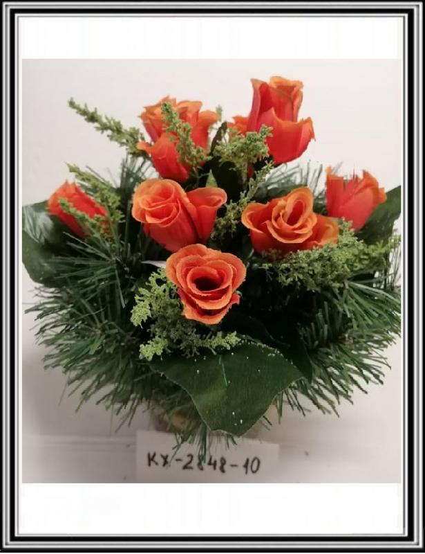 Umelé kvety v malej miske KX-2848-10 so zelenými doplnkami a i oranžovvými ružami