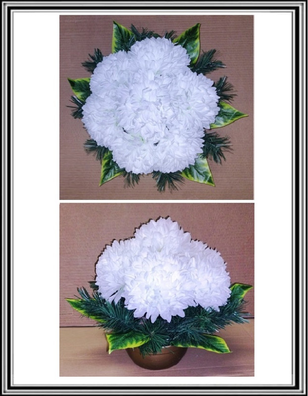 Umelé chryzantémy v plastovej miske 18 cm 7 veľkých 15 cm hláv biela