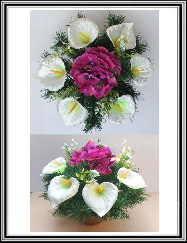 Umelé kvety v miske priemeru 15,5 cm č. 01 Bielo zelené kaly a cyklámenová hortenzia