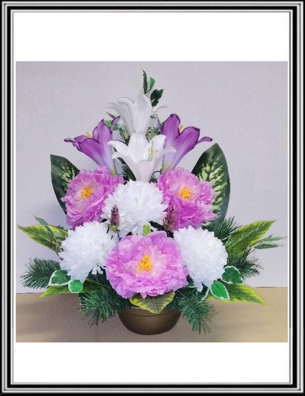 Kvety-VEĽKÉ- v miske 63 cm č 77 - svetlo ružovými pivóniami a bielymi chryzantémami