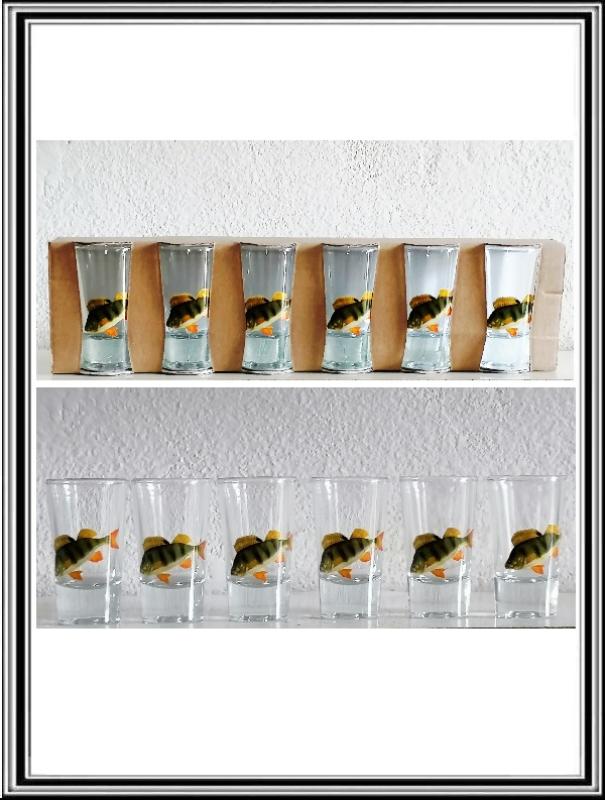 Štamperlíky - Sadá 6 ks sklenených štamperlíkov 25 ml  - ryby - ostrieže