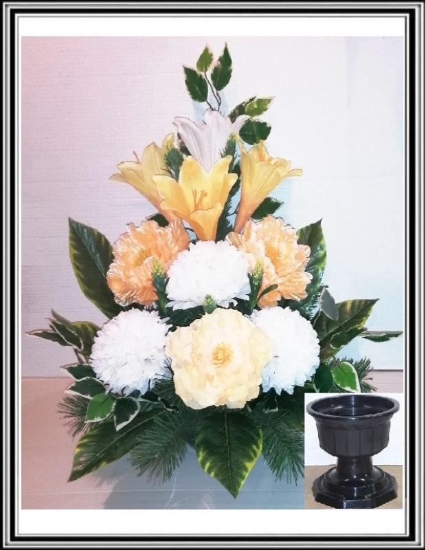 Kvety-VEĽKÉ- v miske na stopke  70 cm č 13 -svetlo žlto krém a bielymi chryzantémami