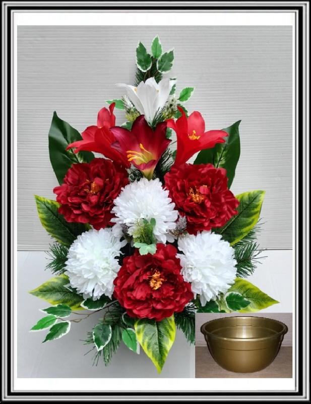 Kvety v miske vysoké 63 cm č 315 - červenými pivóniami a bielymi chryzantémami