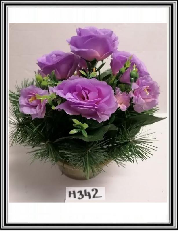 Umelé kvety v malej miske H 342 s doplnkami fialové