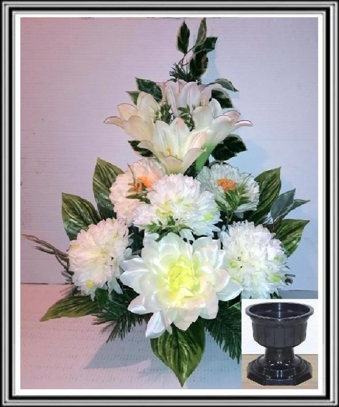 Kvety-VEĽKÉ- v miske na stopke 70 cm č.95 s veľkými bielými kvetmi a bielymi chryzantémami