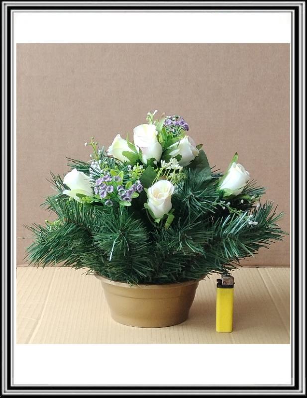 Umelé kvety 7 hlav + doplnky v malej 16 cm miske čFLO 2075 biely