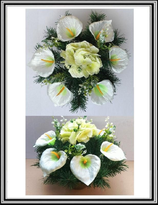 Umelé kvety v miske priemeru 15,5 cm č. 02  Bielo zelené kaly a svetlo žltá hortenzia