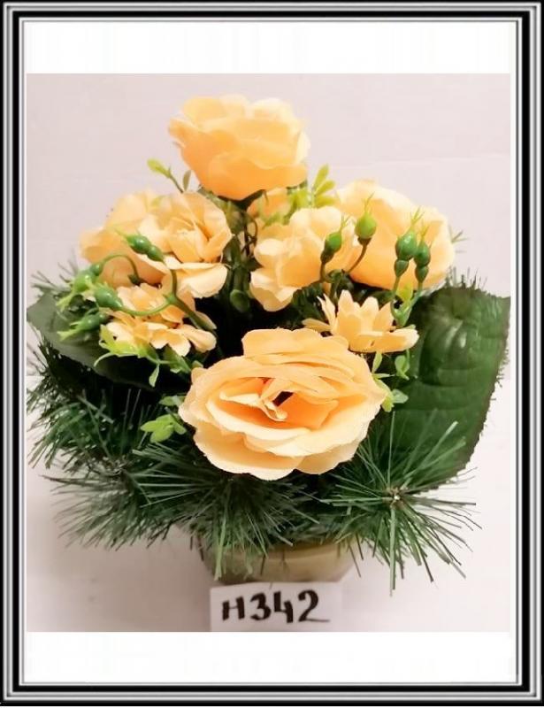 Umelé kvety v malej miske H 342 s doplnkami žlto oranžové