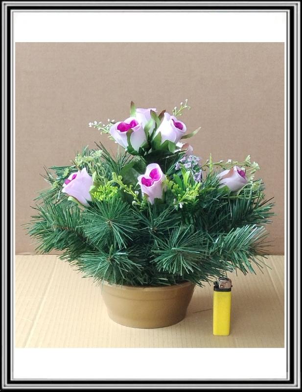 Umelé kvety 7 hlav + doplnky v malej 16 cm miske čFLO 2075 bielo fialový