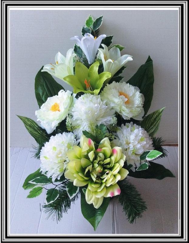 Kvety-VEĽKÉ- v miske  63 cm č 72 - bielo zelenými kvetmi a bielymi chryzantémami