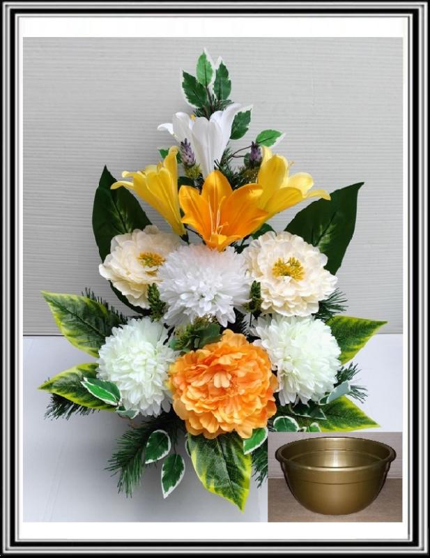 Kvety v miske vysoké 63 cm č 310 - krém. a oranž pivóniami a krémovými chryzantémami