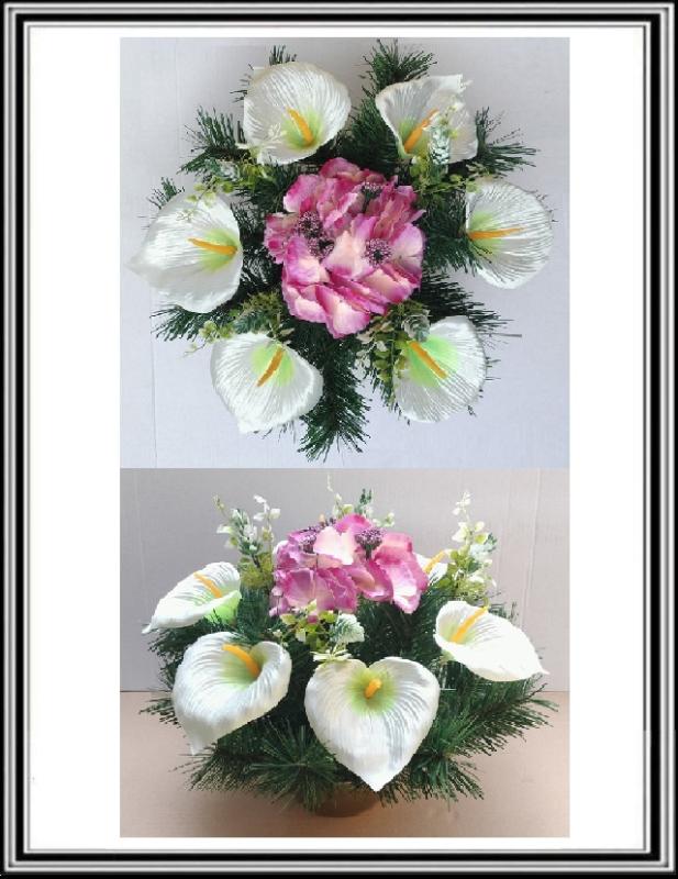 Umelé kvety v miske priemeru 15,5 cm č. 03 Bielo zelené kaly a svetlo bordová  hortenzia