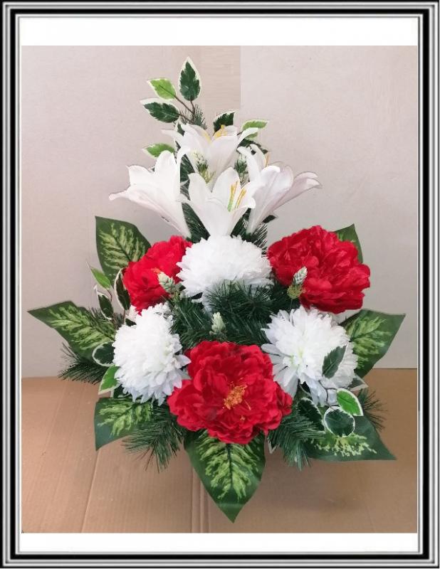 Kvety-VEĽKÉ- v miske 63 cm č 45 -červenými pivóniami a bielymi chryzantémami