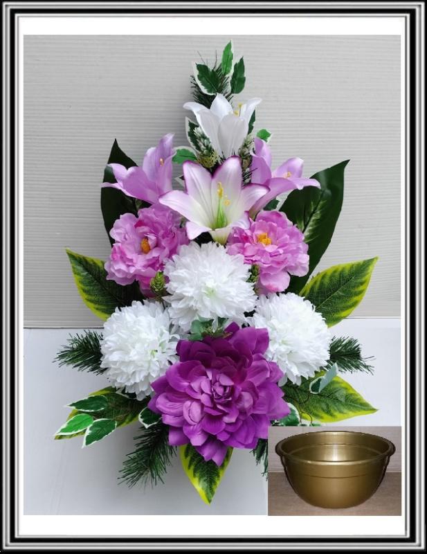 Kvety v miske vysoké 63 cm č 312 - ružovofialovými pivóniami a bielymi chryzantémami