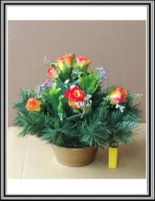 Umelé kvety 7 hlav + doplnky v malej 16 cm miske čFLO 2075žlto oranžové
