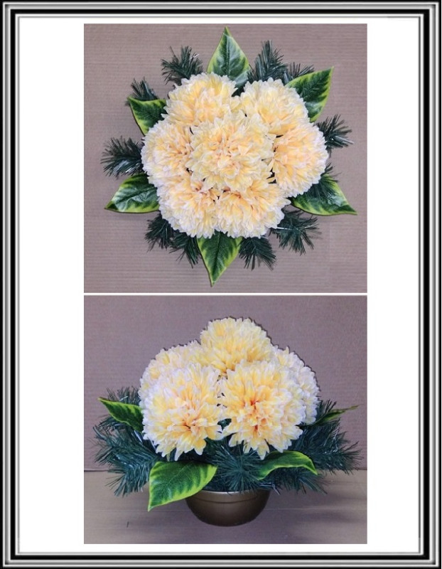 Umelé chryzantémy v plastovej miske 18 cm 7 veľkých 15 cm hláv sv. žltá