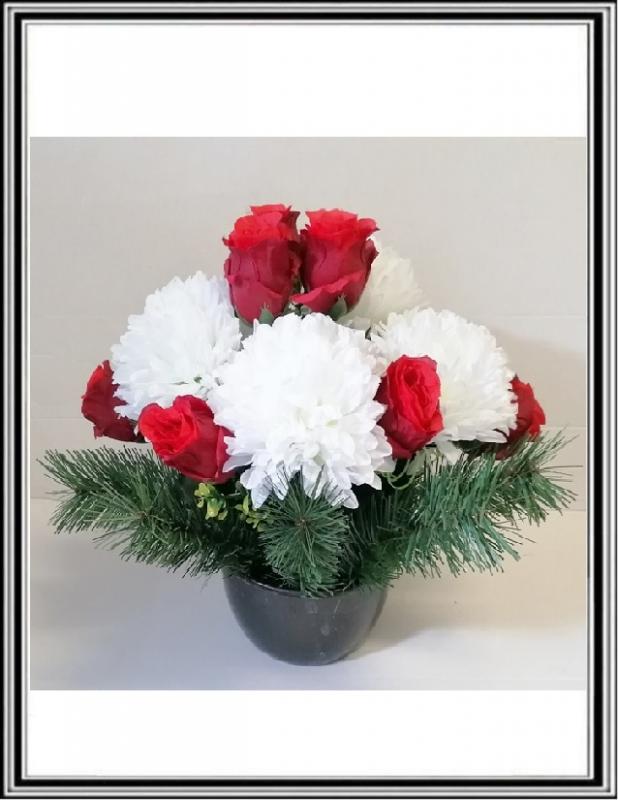 Kvety ruže 9 hlav rúži a 4 veľké chrizantémy v 19 cm miske  č 382 - bielo červené