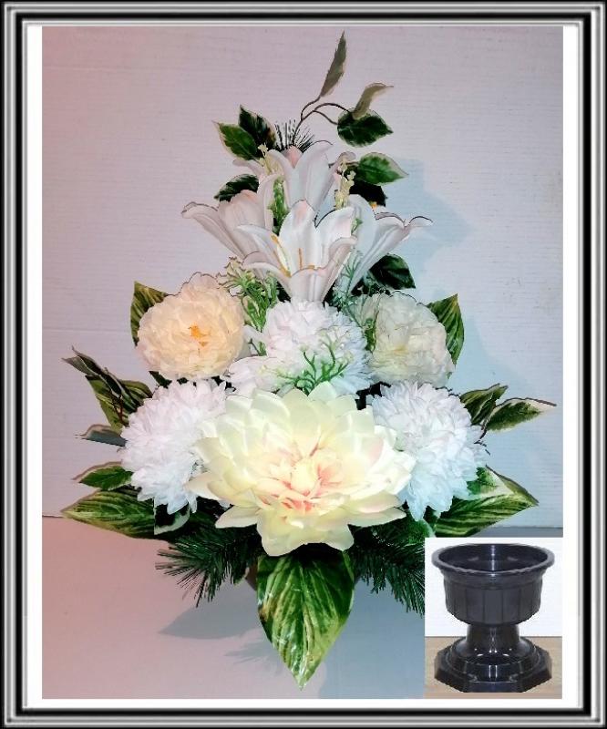 Kvety-VEĽKÉ- v miske na stopke 70 cm č. 94 s veľkými krémovými a bielymi chryzantémami