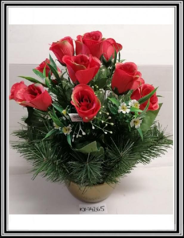 Umelé kvety vo veľkej miske CV 06696 12 hlav a s doplnkami a červenými  ružami 9495