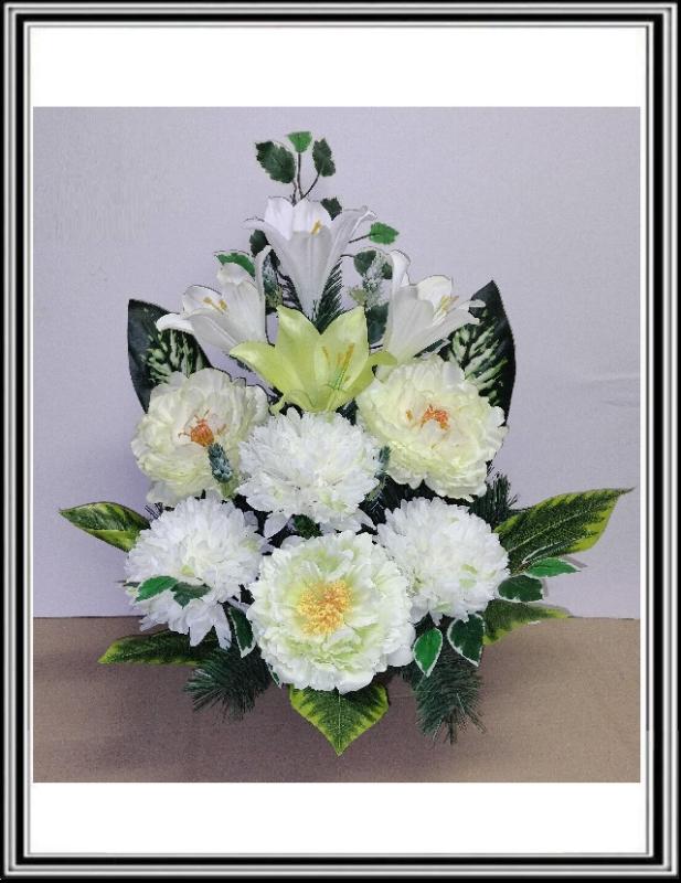 Kvety-VEĽKÉ- v miske 63 cm č 85 - svetlo zelenými pivóniami a bielymi chryzantémami