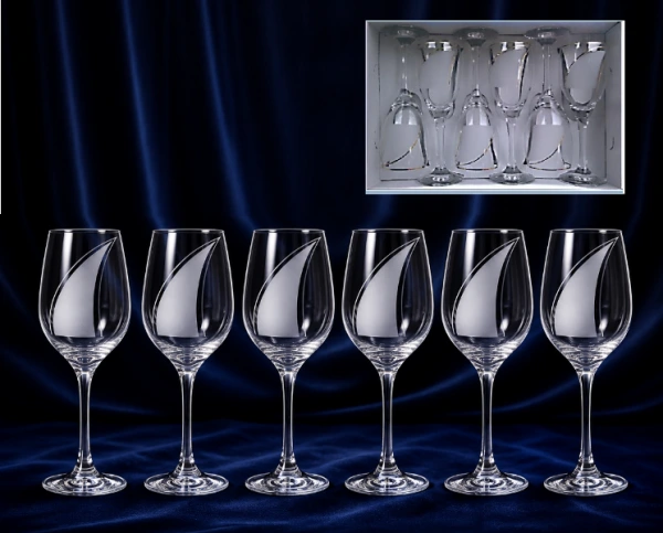 A Sklenené poháre na víno 19 cm 6 ks polopiesok + striebro 250 ml