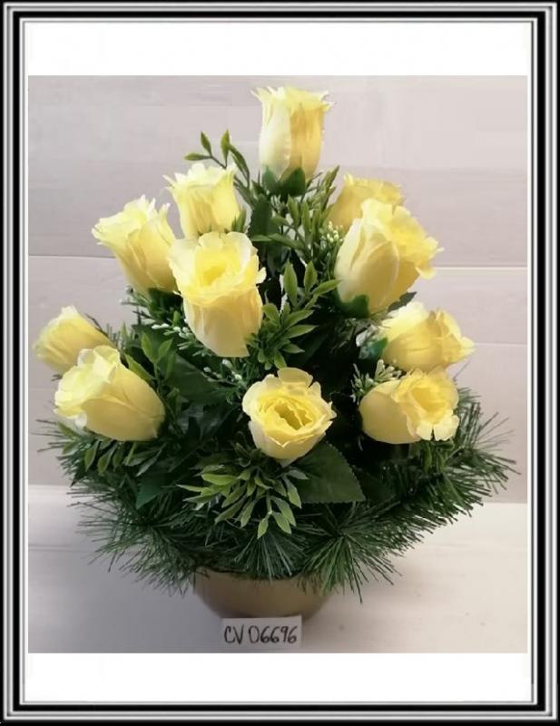 Umelé kvety vo veľkej miske CV 06696 12 hlav a s doplnkami a sv. žltými ružami 9495