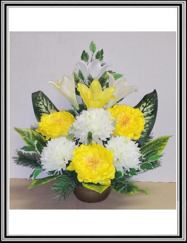 Kvety-VEĽKÉ- v miske 63 cm č 74 - žltými pivóniami a bielymi chryzantémami