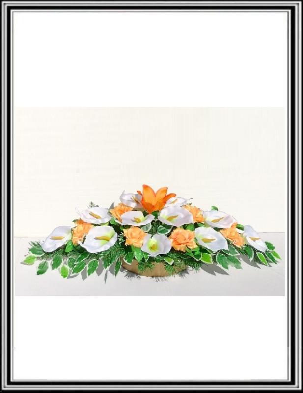 Ikebana č.2     216 , dĺžka -95 cm-14 bielymi kalami +10 oranžov.ružami  +list BENJAMIN