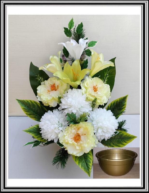 Kvety v miske vysoké 63 cm č 311 - žlto zelenými pivóniami a bielymi chryzantémami