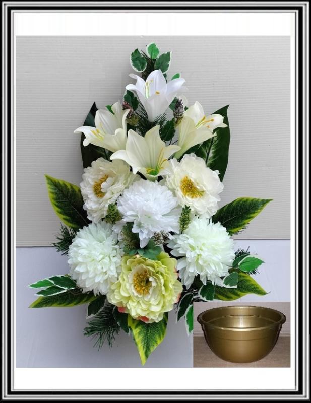 Kvety v miske vysoké 63 cm č 308- bielo zelenými pivóniami a bielo zelenými chryzantémami